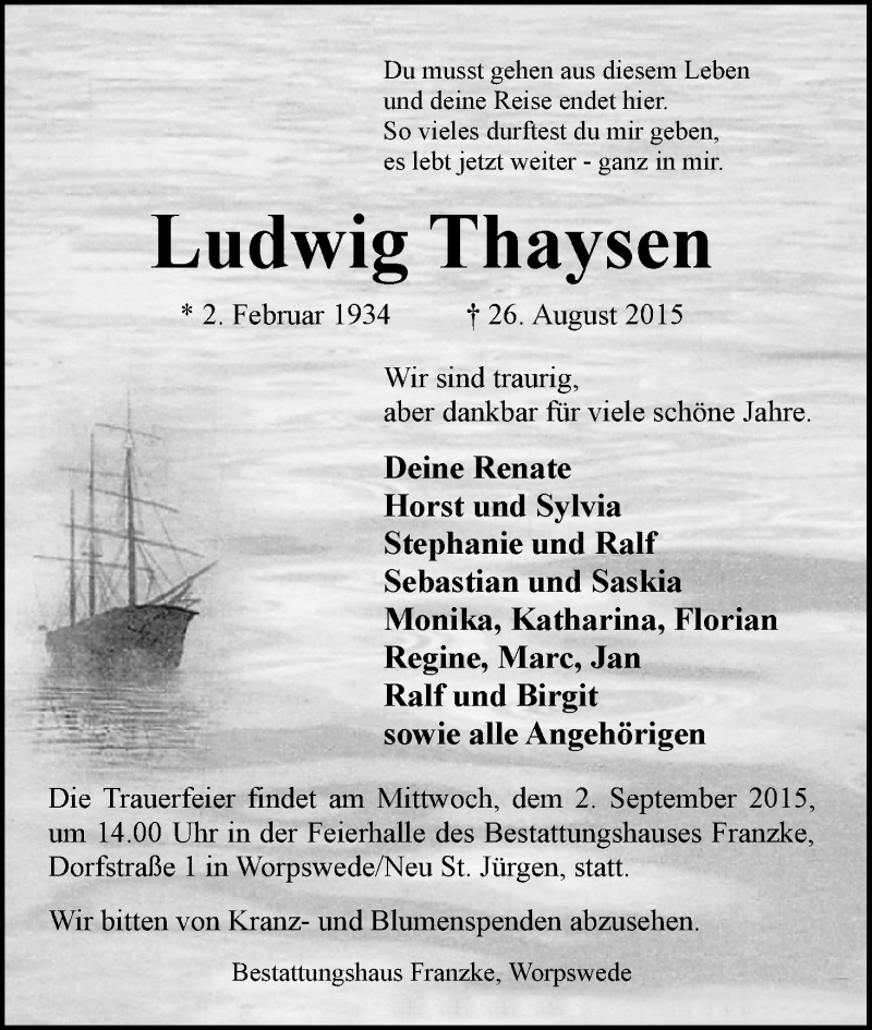 Traueranzeige von Ludwig Thaysen von WESER-KURIER