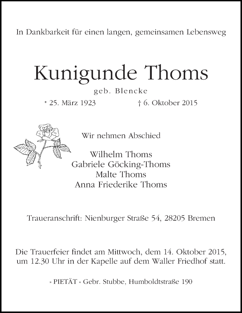 Traueranzeige von Kunigunde Thoms von WESER-KURIER