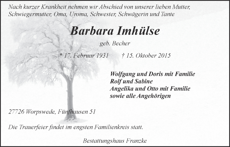 Traueranzeige von Barbara Imhülse von Wuemme Zeitung