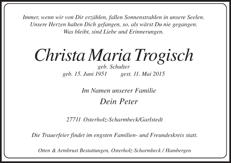 Traueranzeige von Christa Maria Trogisch von Osterholzer Kreisblatt