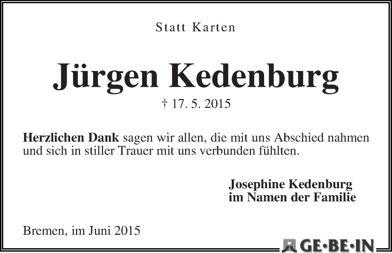 Traueranzeige von Jürgen Kedenburg von WESER-KURIER