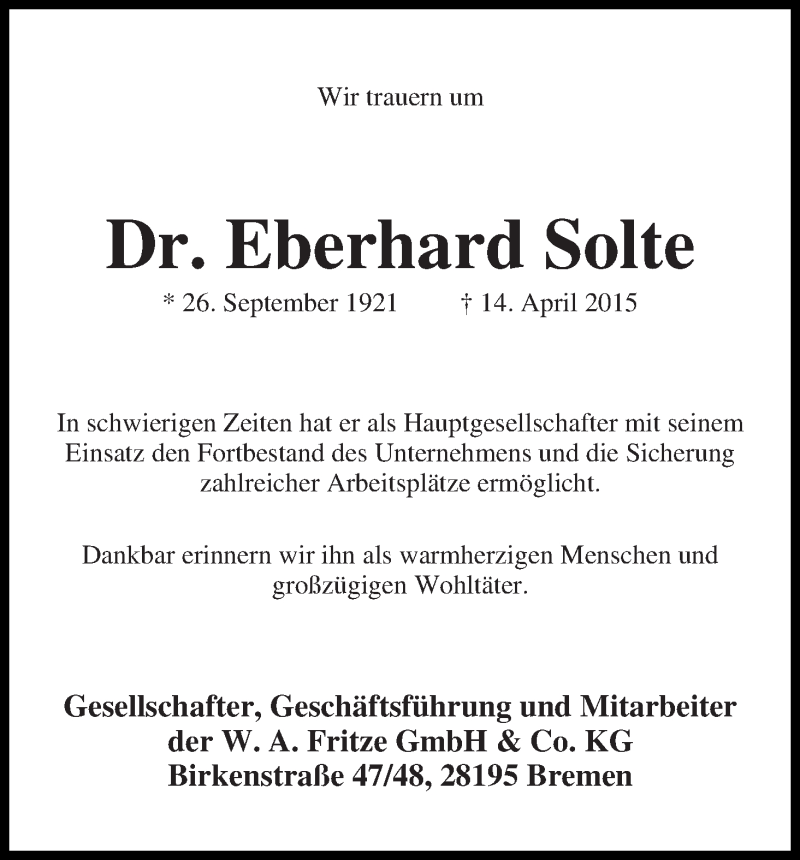 Traueranzeige von Eberhard Sollte von Die Norddeutsche