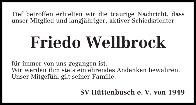 Traueranzeige von Friedo Wellbrock von Wuemme Zeitung