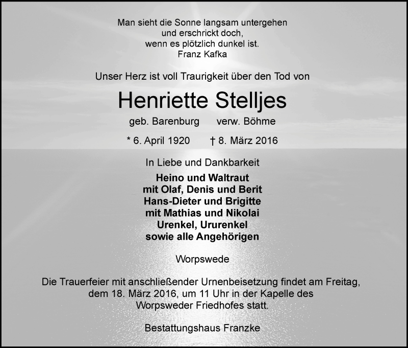 Traueranzeige von Henriette Stelljes von Wuemme Zeitung