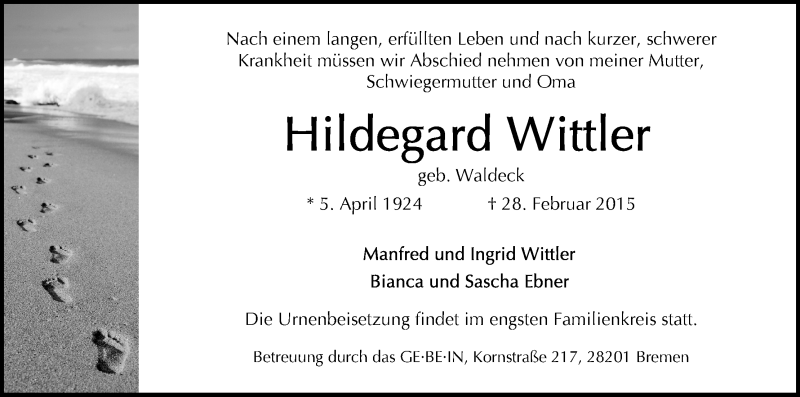 Traueranzeige von Hildegard Wittler von WESER-KURIER