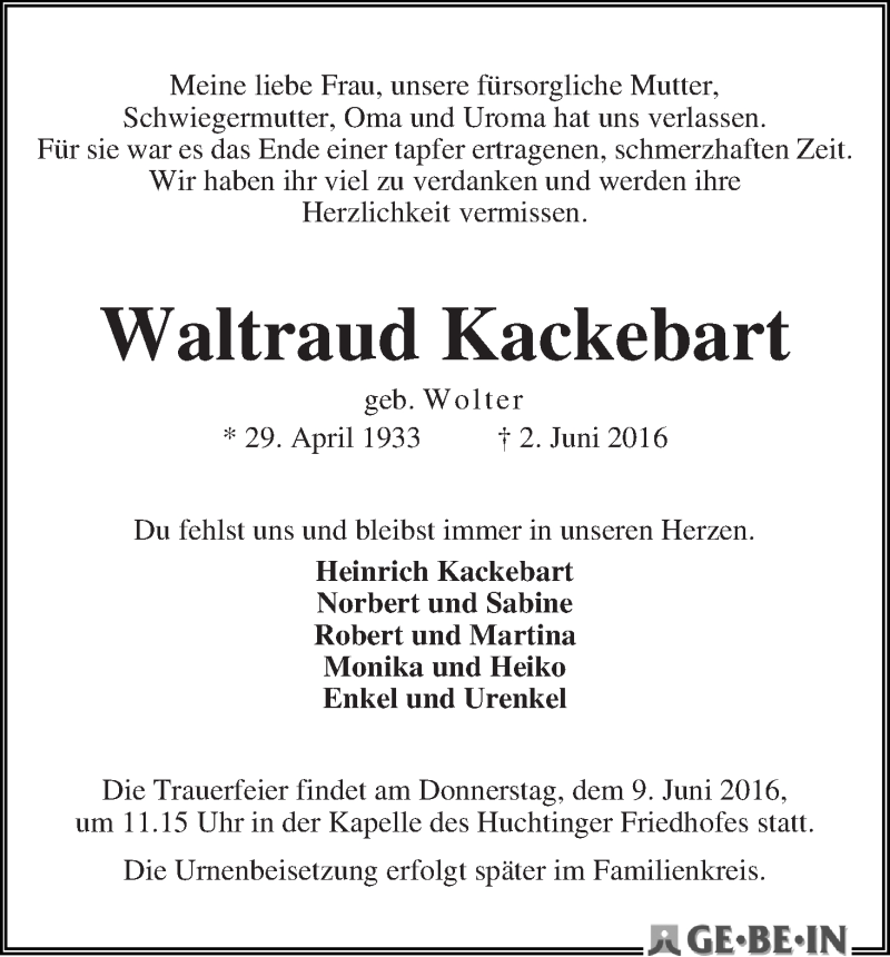 Traueranzeige von Waltraud Kackebart von WESER-KURIER