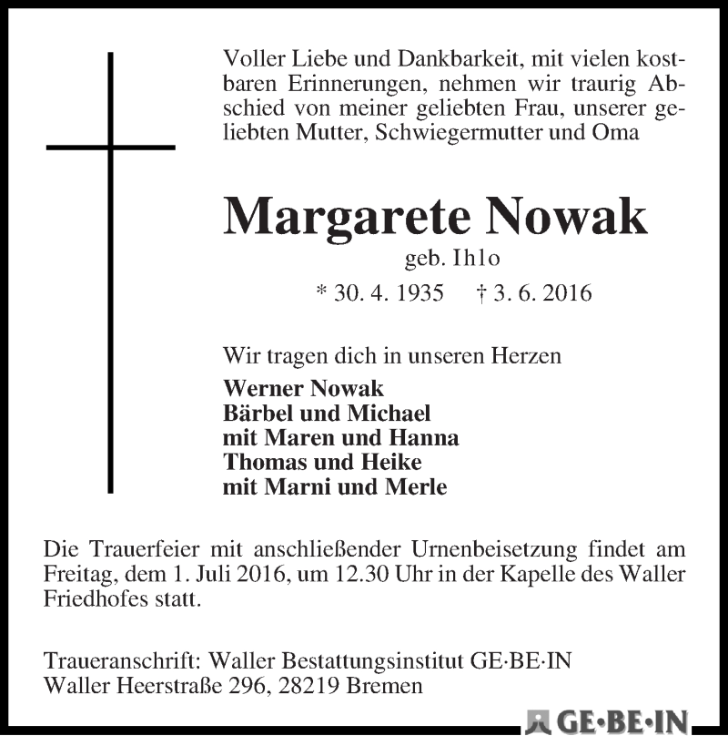 Traueranzeige von Margarethe Nowak von WESER-KURIER