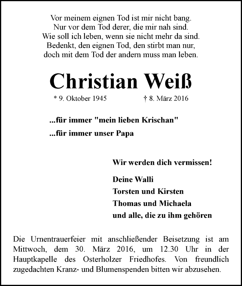 Traueranzeige von Christian Weiß von WESER-KURIER