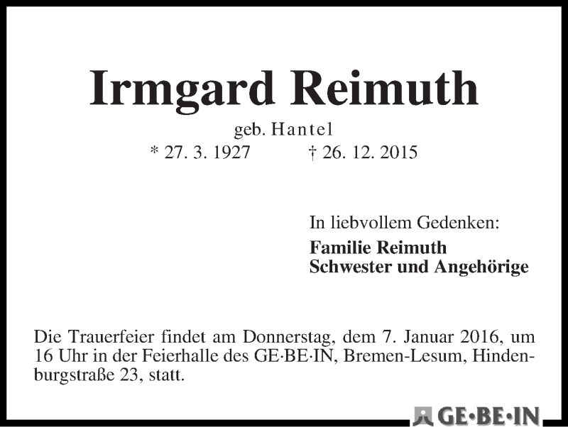 Traueranzeige von Irmgard Reimuth von WESER-KURIER