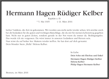 Traueranzeige von Hermann Hagen Rüdiger Kelber