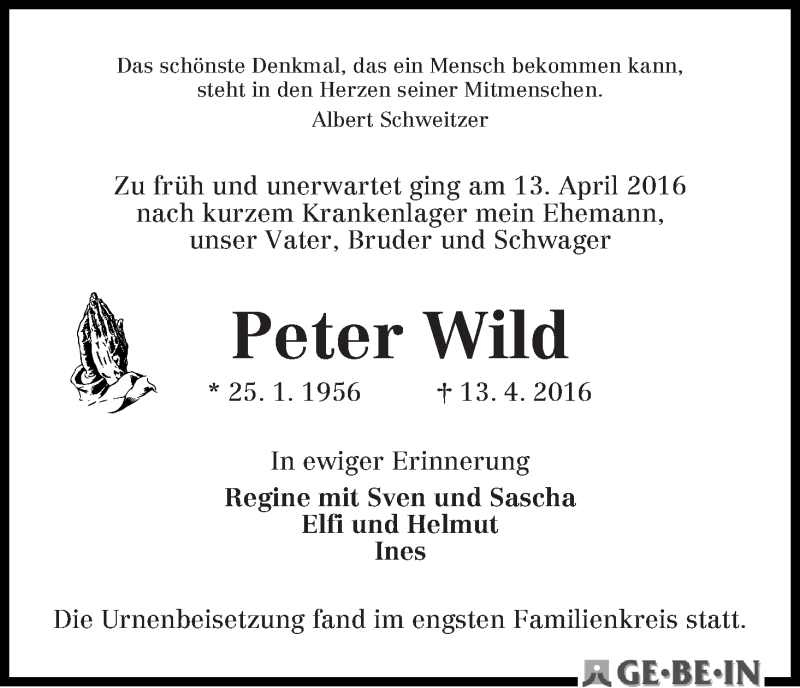 Traueranzeige von Peter Wild von WESER-KURIER