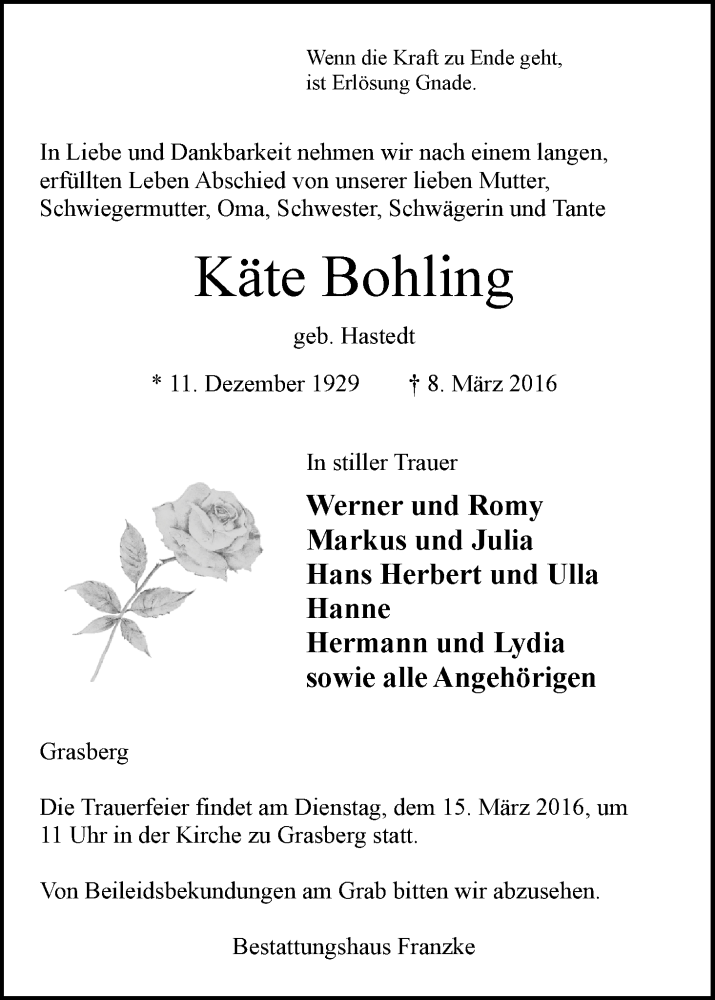 Traueranzeige von Käte Bohling von Wuemme Zeitung