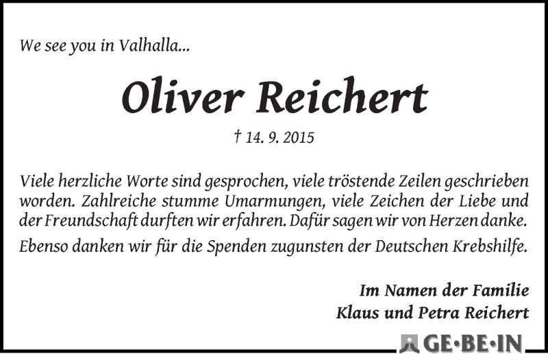 Traueranzeige von Oliver Reichert von WESER-KURIER