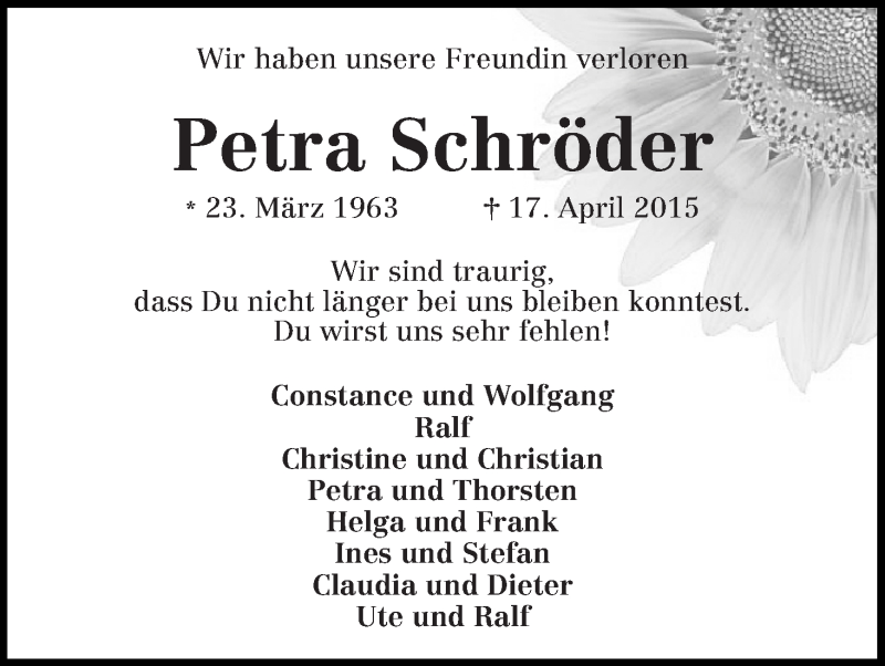  Traueranzeige für Petra Schröder vom 24.04.2015 aus WESER-KURIER