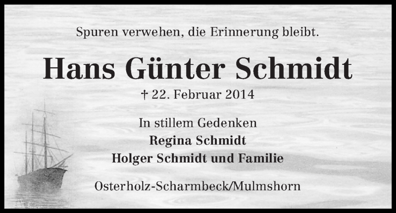 Traueranzeige von Heinz Günter Schmidt von Wuemme Zeitung