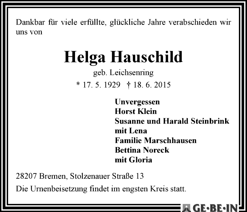 Traueranzeige von Helga Hauschild von WESER-KURIER