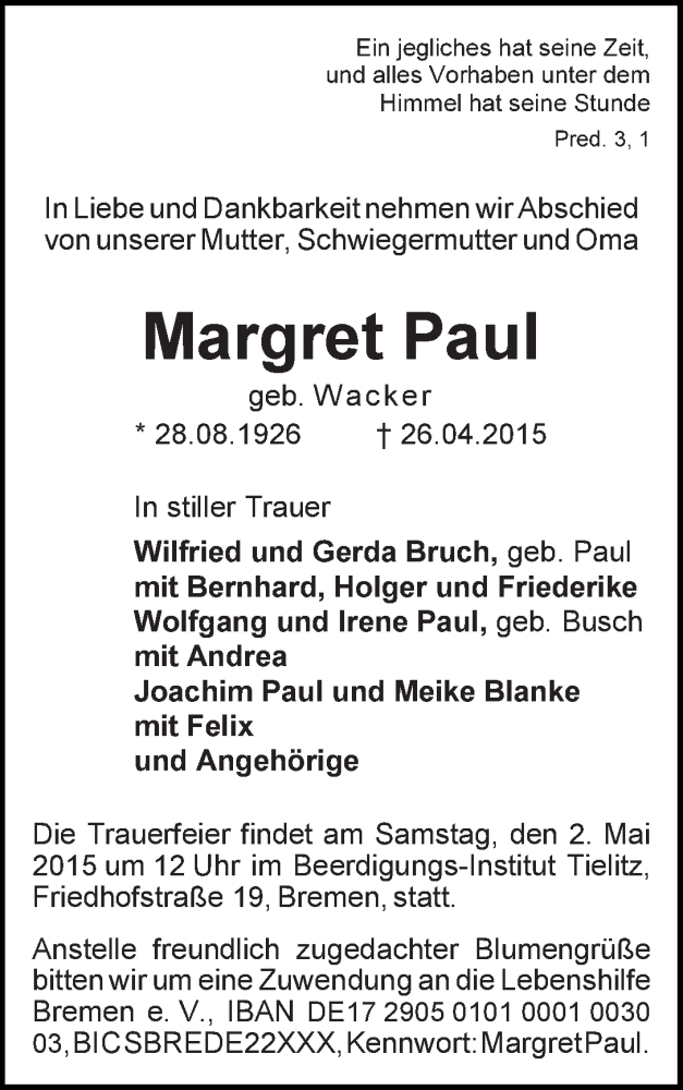 Traueranzeige von Margret Paul von WESER-KURIER