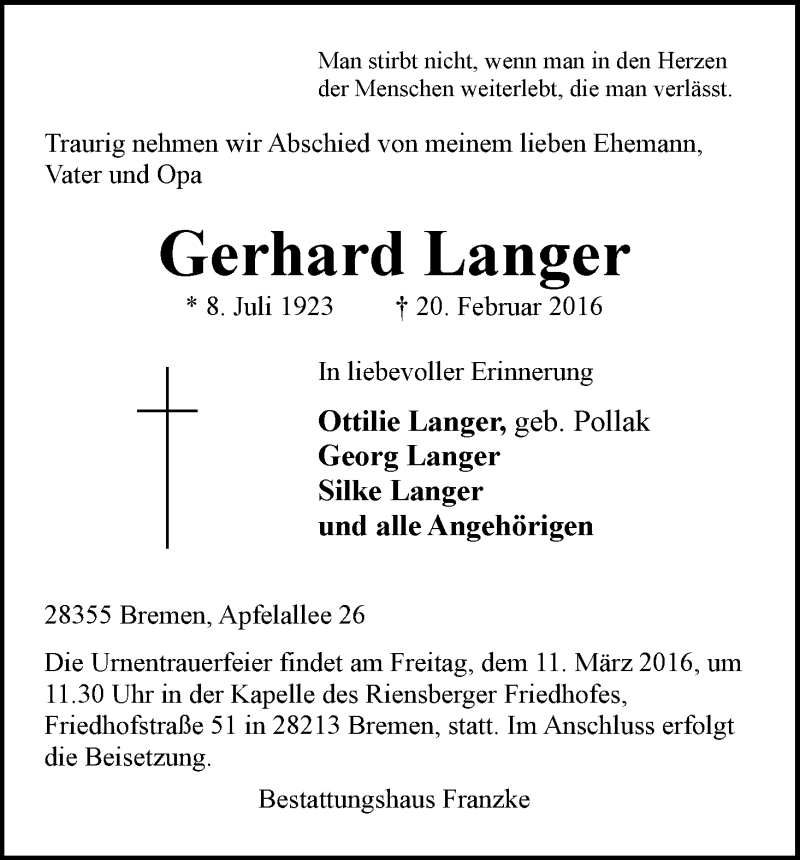 Traueranzeige von Gerhard Langer von WESER-KURIER