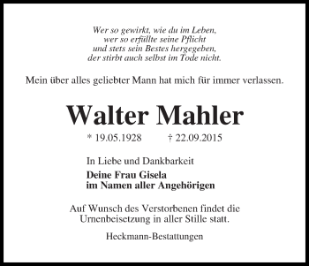 Traueranzeige von Walter Mahler