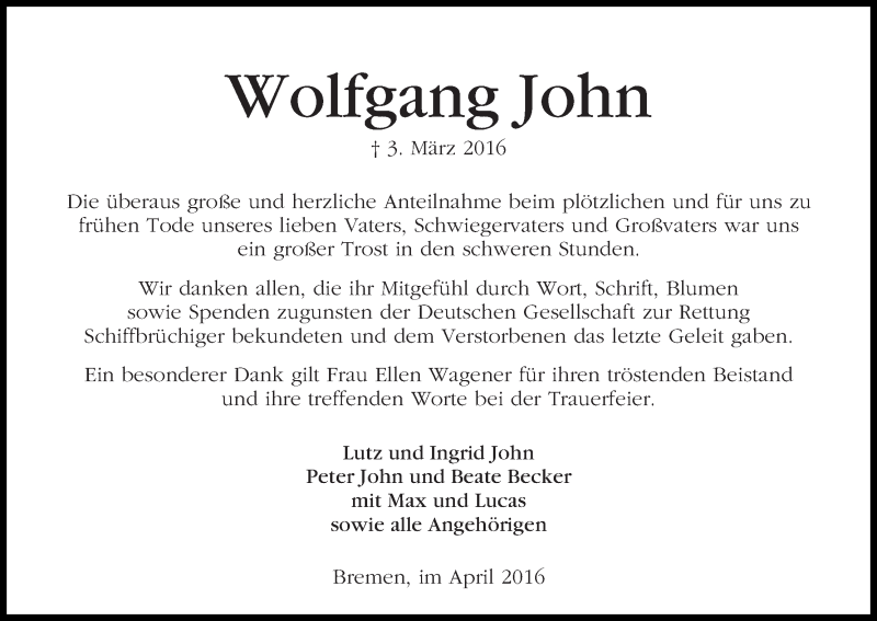 Traueranzeige von Wolfgang John von WESER-KURIER