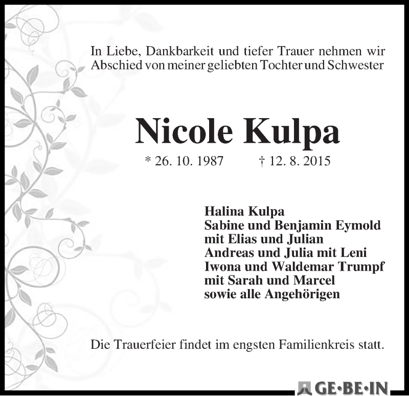 Traueranzeige von Nicole Kulpa von WESER-KURIER