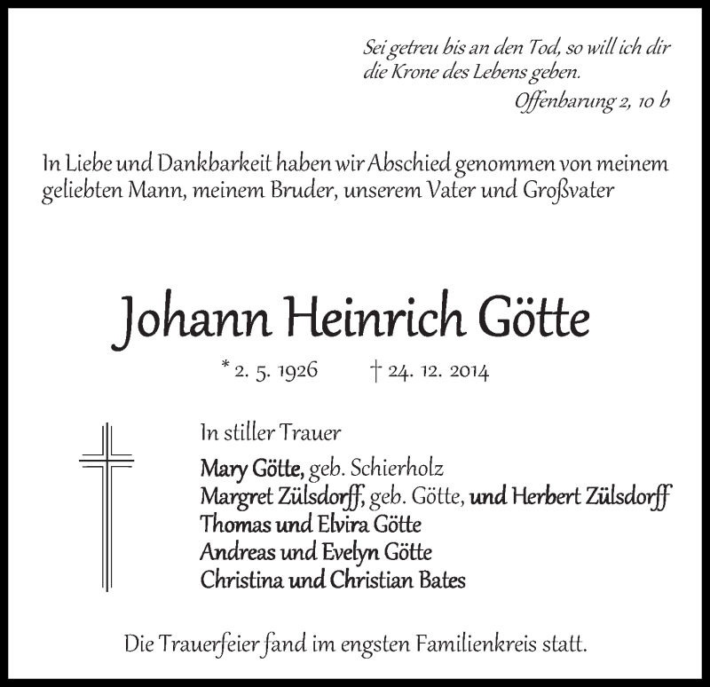 Traueranzeige von Johann Heinrich Götte von WESER-KURIER