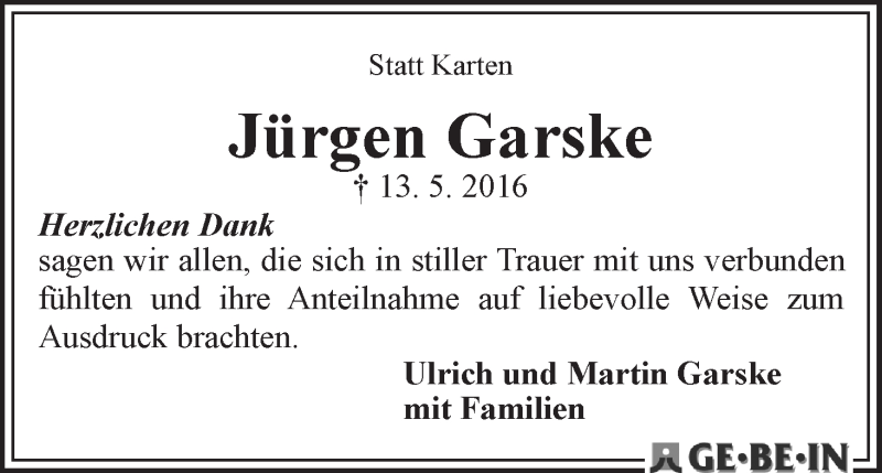 Traueranzeige von Jürgen Garske von WESER-KURIER