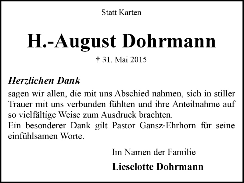 Traueranzeige von H.-August Dohrmann von WESER-KURIER