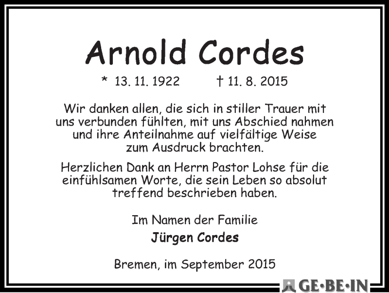Traueranzeige von Arnold Cordes von WESER-KURIER