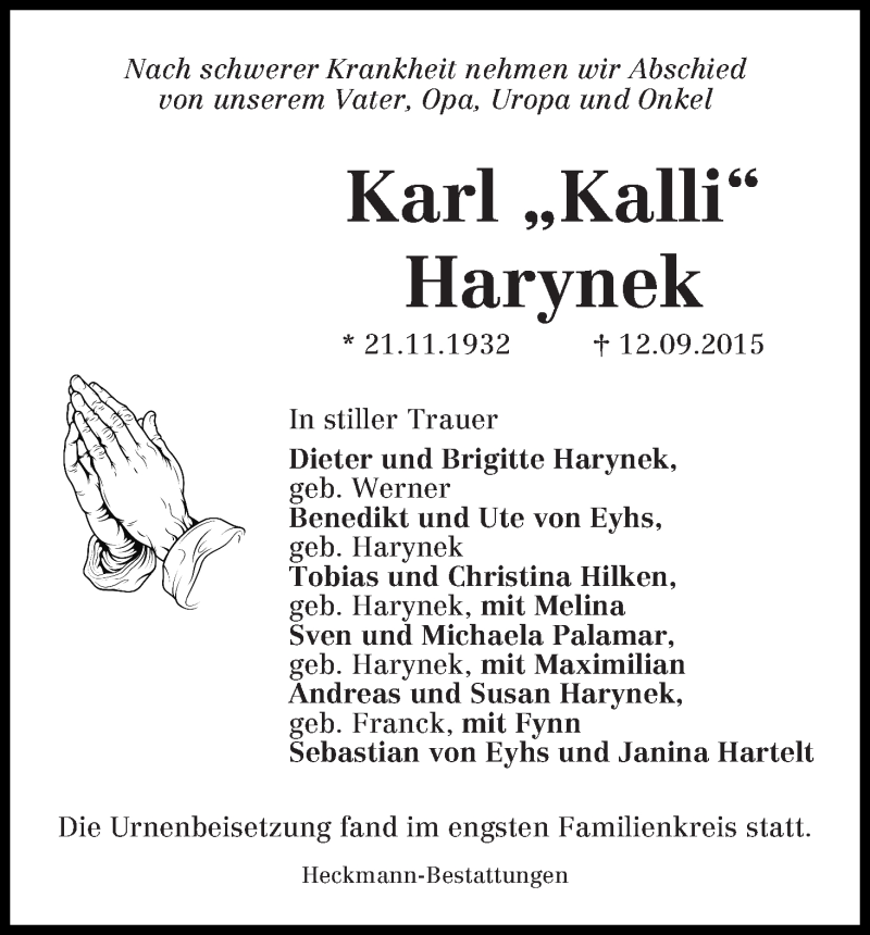Traueranzeige von Karl Harynek von Die Norddeutsche