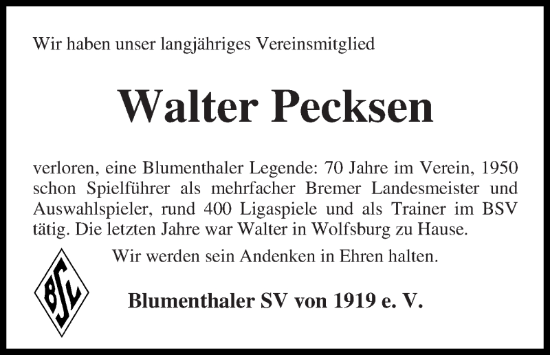 Traueranzeige von Walter Pecksen von Die Norddeutsche
