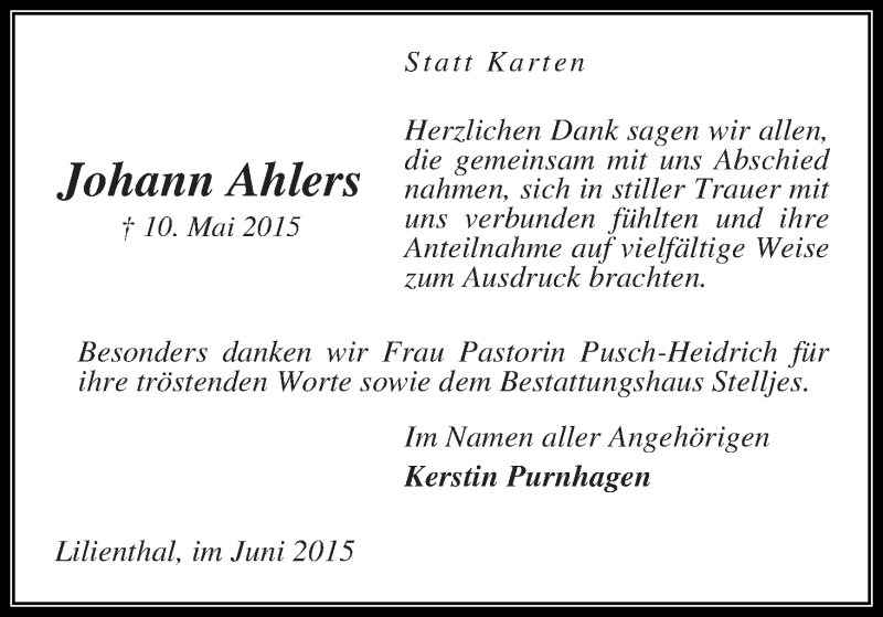 Traueranzeigen von Johann Ahlers | Trauer & Gedenken