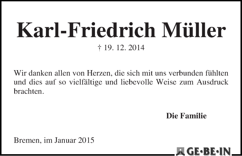 Traueranzeige von Karl-Friedrich Müller von WESER-KURIER