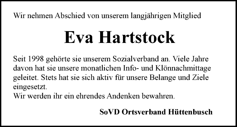 Traueranzeige von Eva Hartstock von Wuemme Zeitung