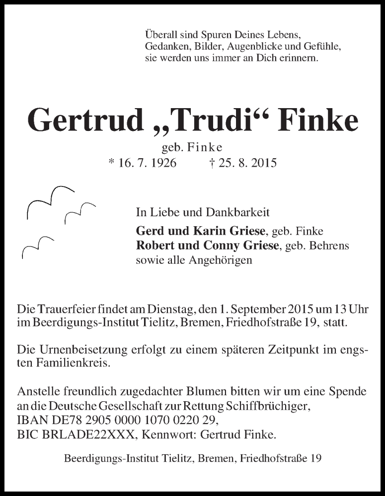 Traueranzeige von Gertrud 