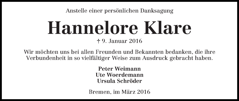 Traueranzeige von Hannelore Klare von WESER-KURIER