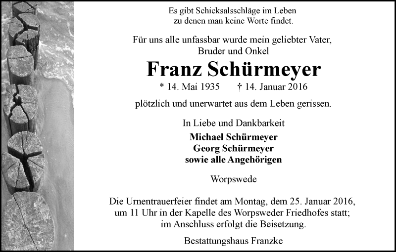 Traueranzeige von Franz Schürmeyer von Wuemme Zeitung