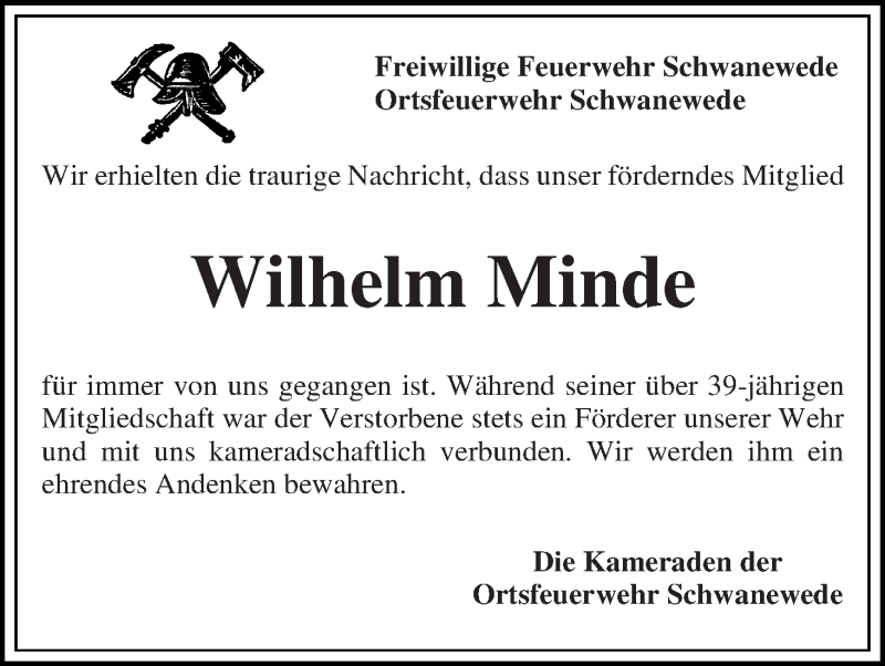 Traueranzeige von Wilhelm Minde von Die Norddeutsche