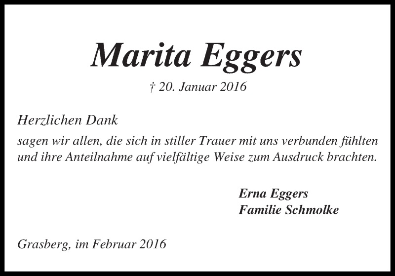 Traueranzeige von Marita Eggers von WESER-KURIER