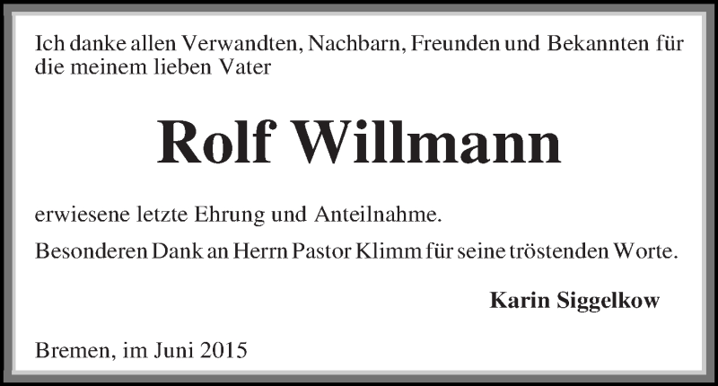 Traueranzeige von Rolf Willmann von Die Norddeutsche