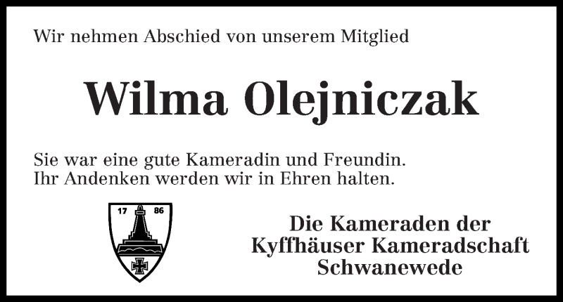 Traueranzeige von Wilma Olejniczak von Die Norddeutsche