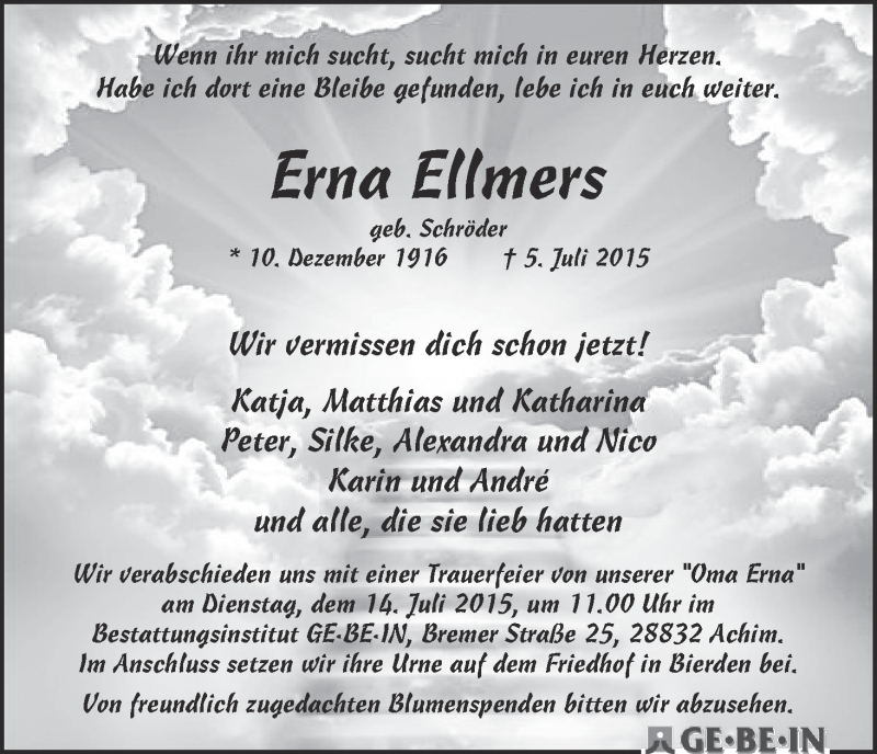  Traueranzeige für Erna Ellmers vom 11.07.2015 aus WESER-KURIER