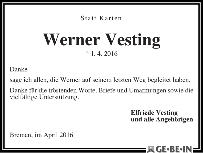 Traueranzeige von Werner Vesting von WESER-KURIER