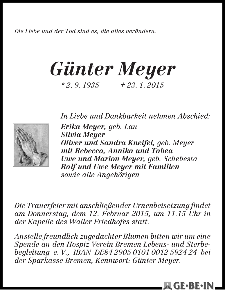 Traueranzeige von Günter Meyer von WESER-KURIER