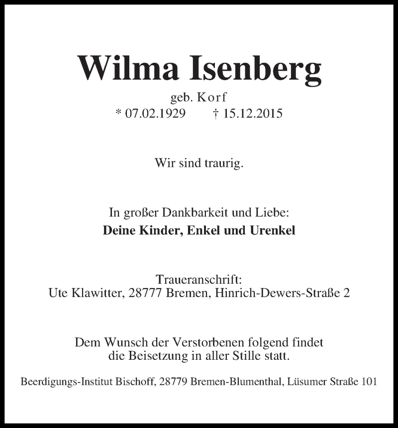 Traueranzeige von Wilma Isenberg von Die Norddeutsche