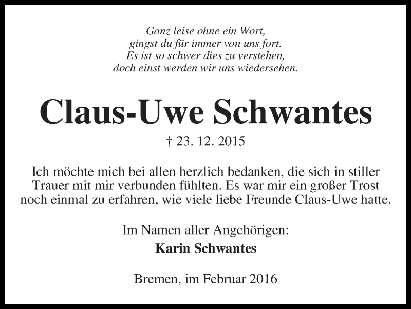 Traueranzeige von Claus-Uwe Schwantes von Die Norddeutsche