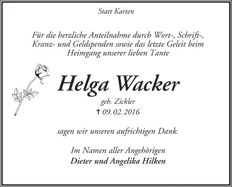 Traueranzeige von Helga Wacker von Achimer Kurier/Verdener Nachrichten