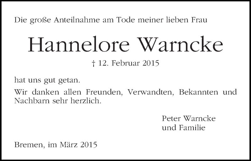 Traueranzeige von Hannelore Warncke von WESER-KURIER