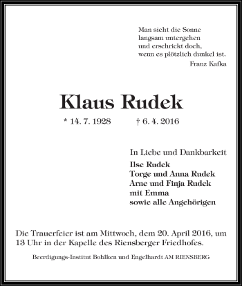 Traueranzeige von Klaus Rudek