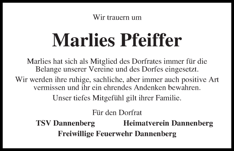 Traueranzeige von Marlies Pfeiffer von Wuemme Zeitung